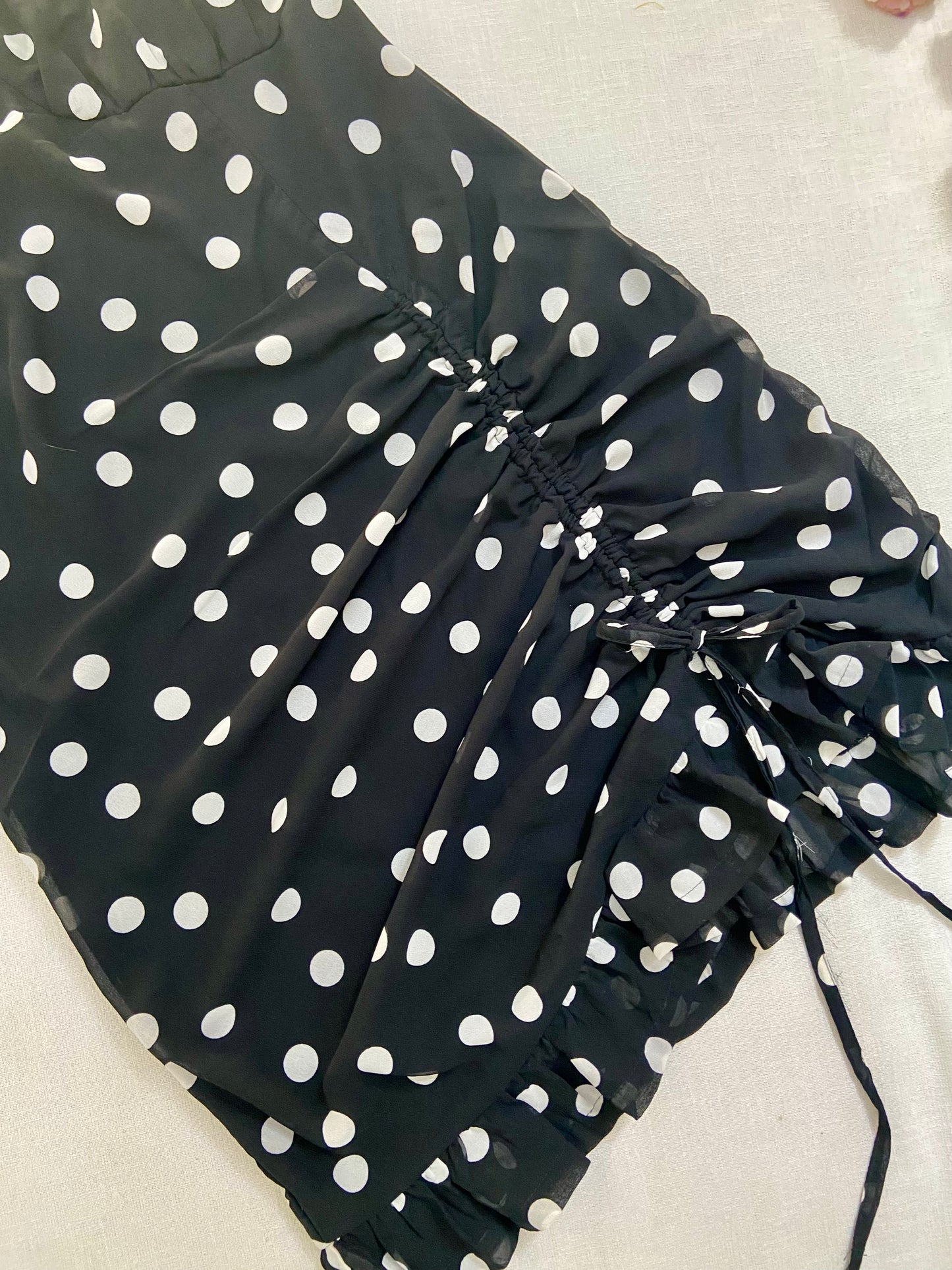 Black Polka Dot Ruched Mini Dress