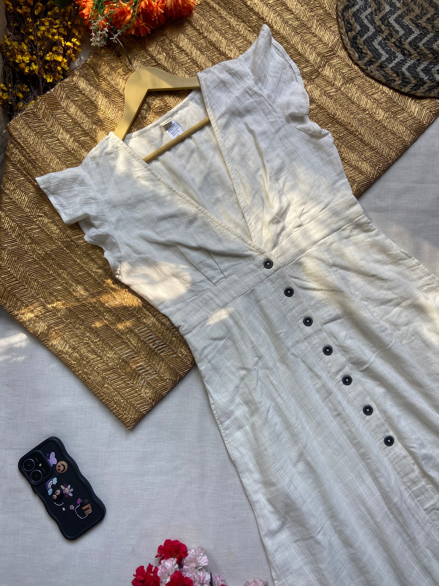 White Button-Down Linen Midi Dress