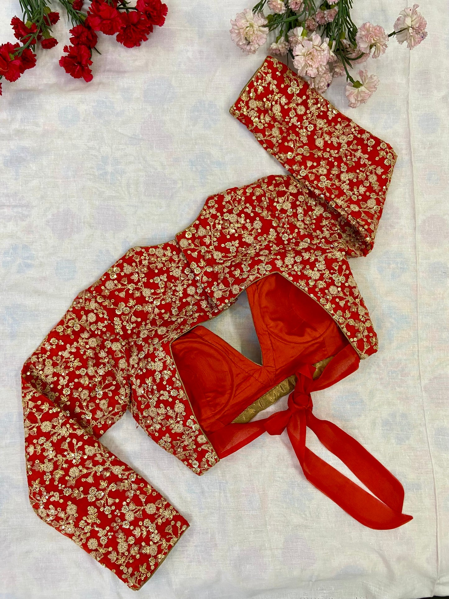 V neck semi backless full sleeve blouse