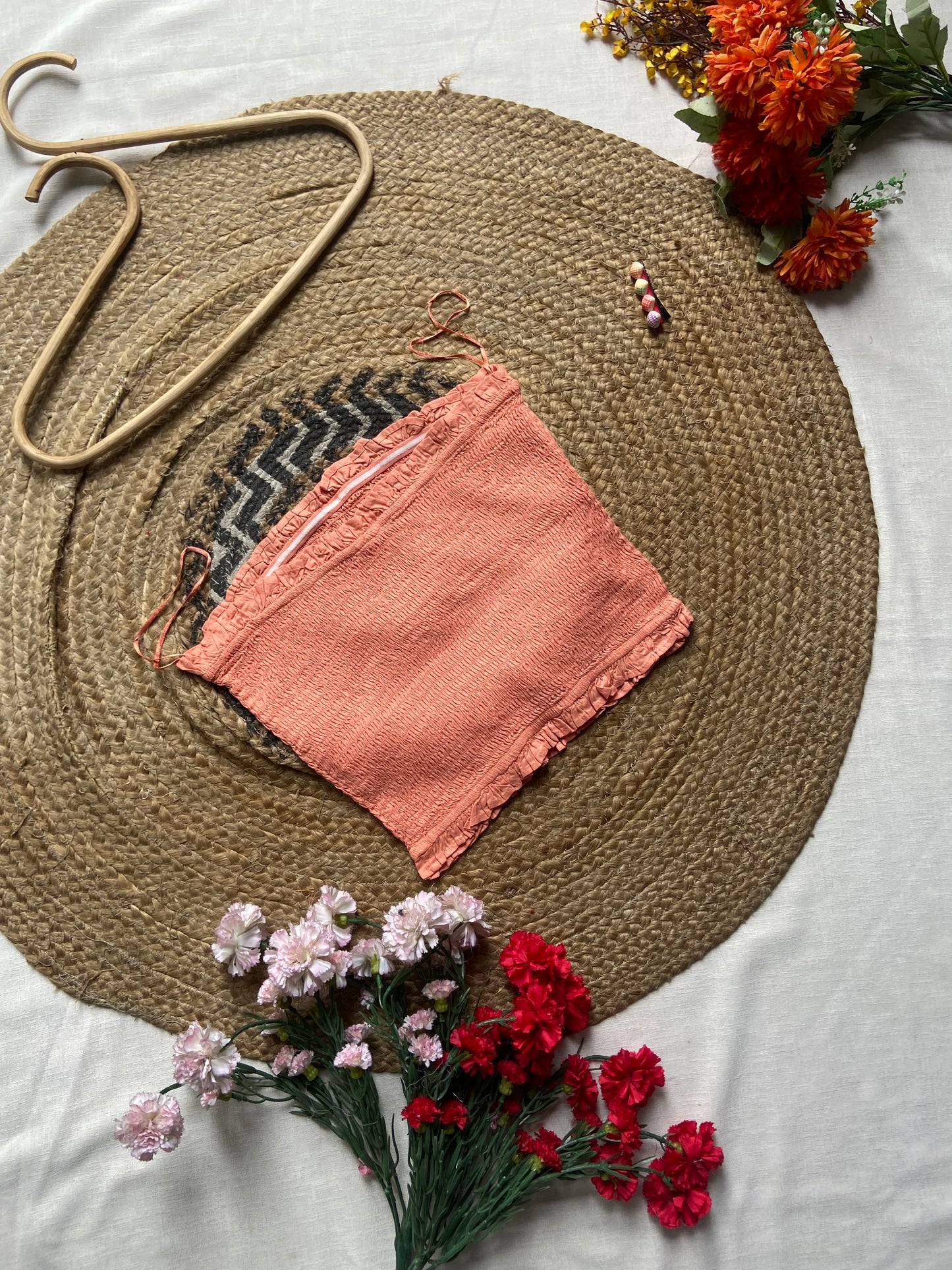 Women's Coral Smocked Strapless Crop Top with Frill Detailing