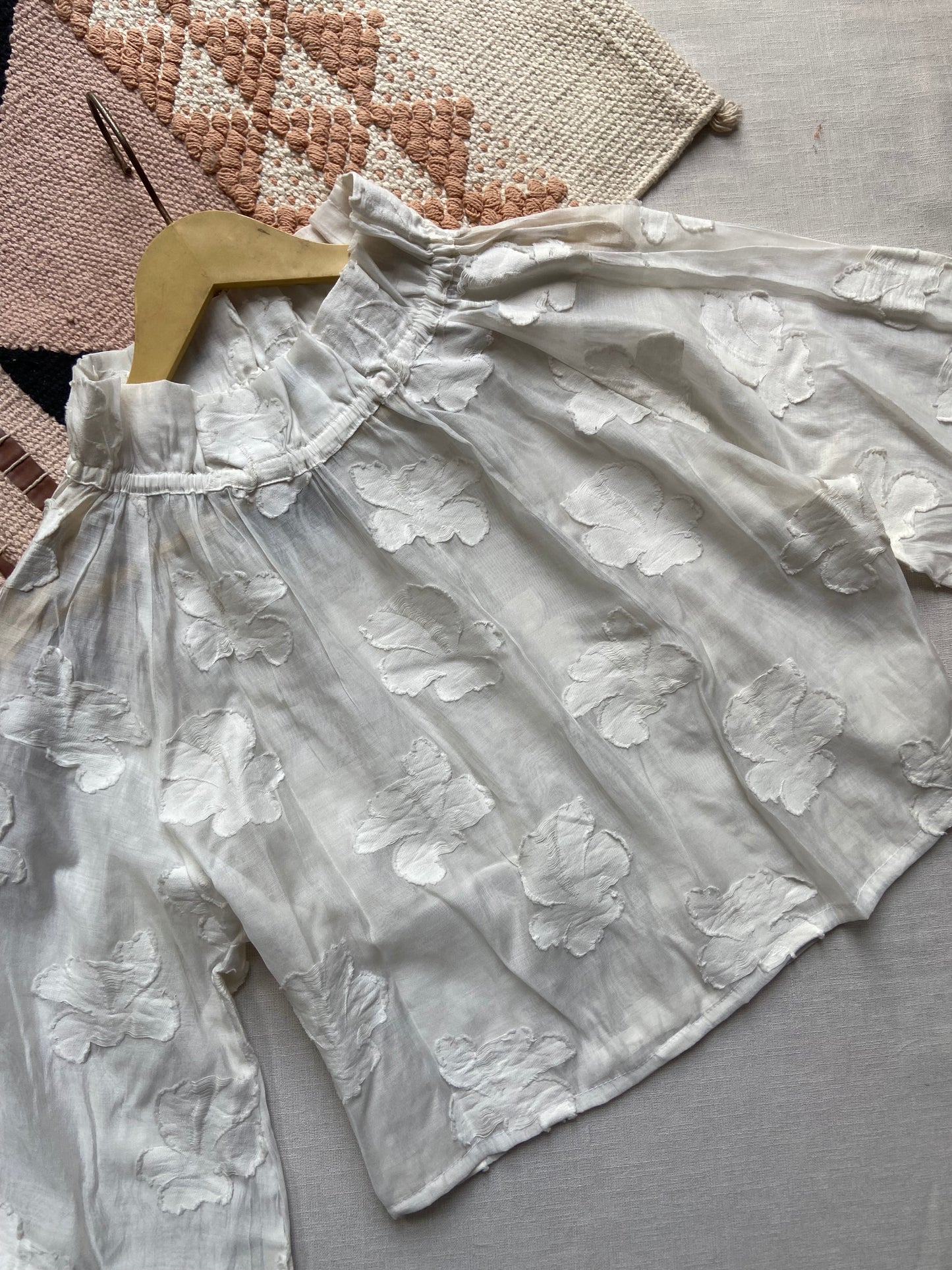 White Textured Floral Sheer Balloon Sleeve Top