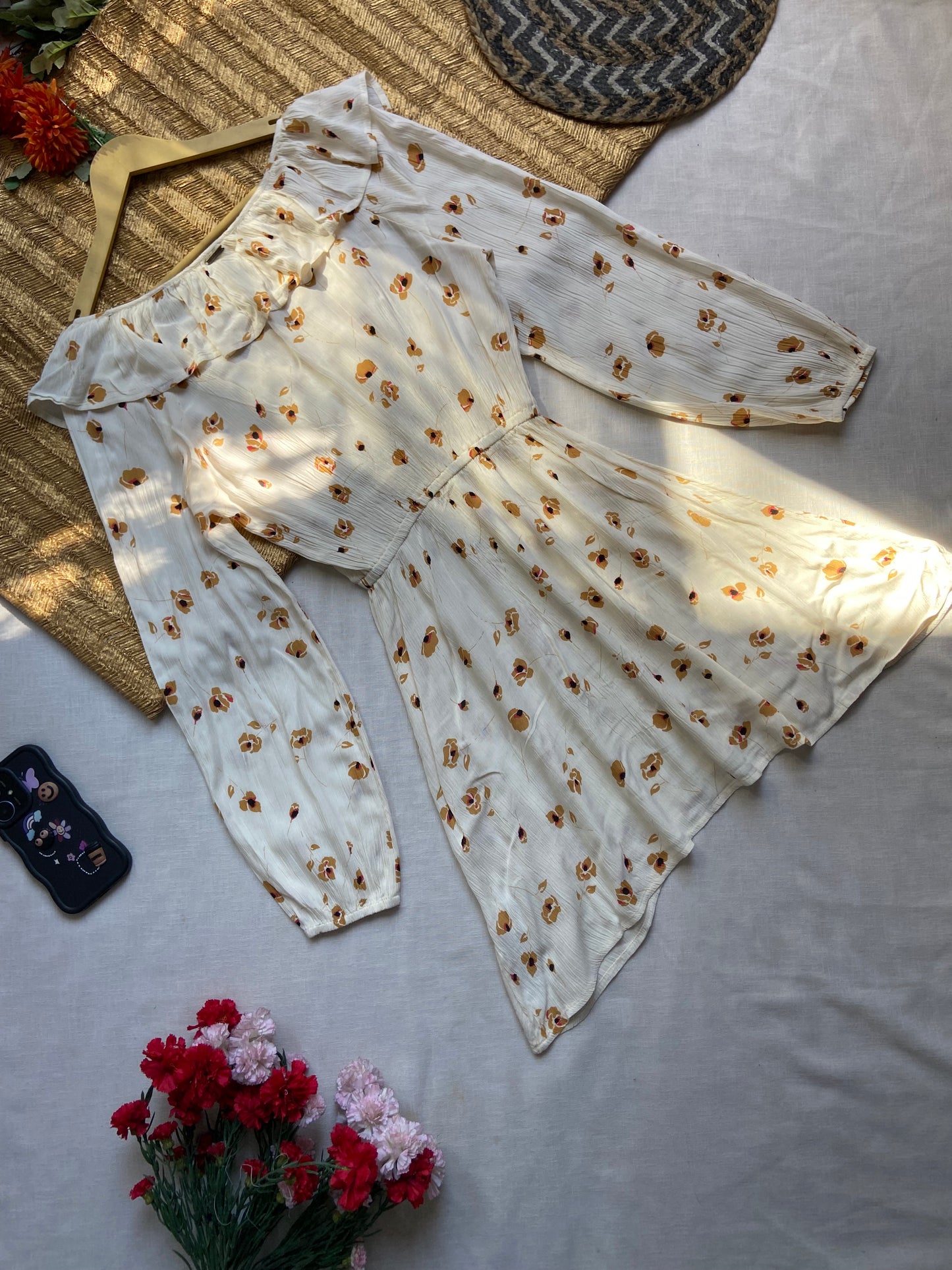 Floral Ruffle V-Neck Long Sleeve Dress