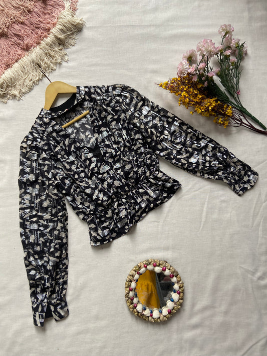 Elegant Black and Silver Printed Sheer Blouse