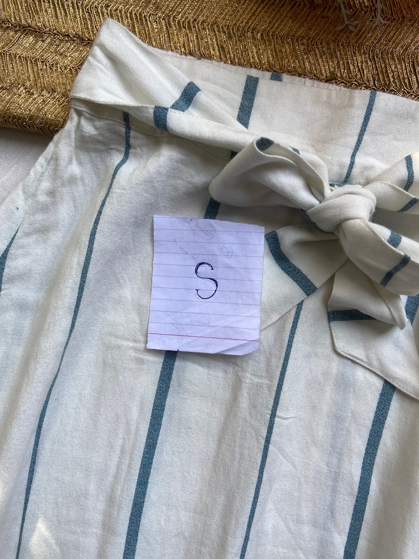 Women's White Striped A-Line Midi Skirt with Bow Belt