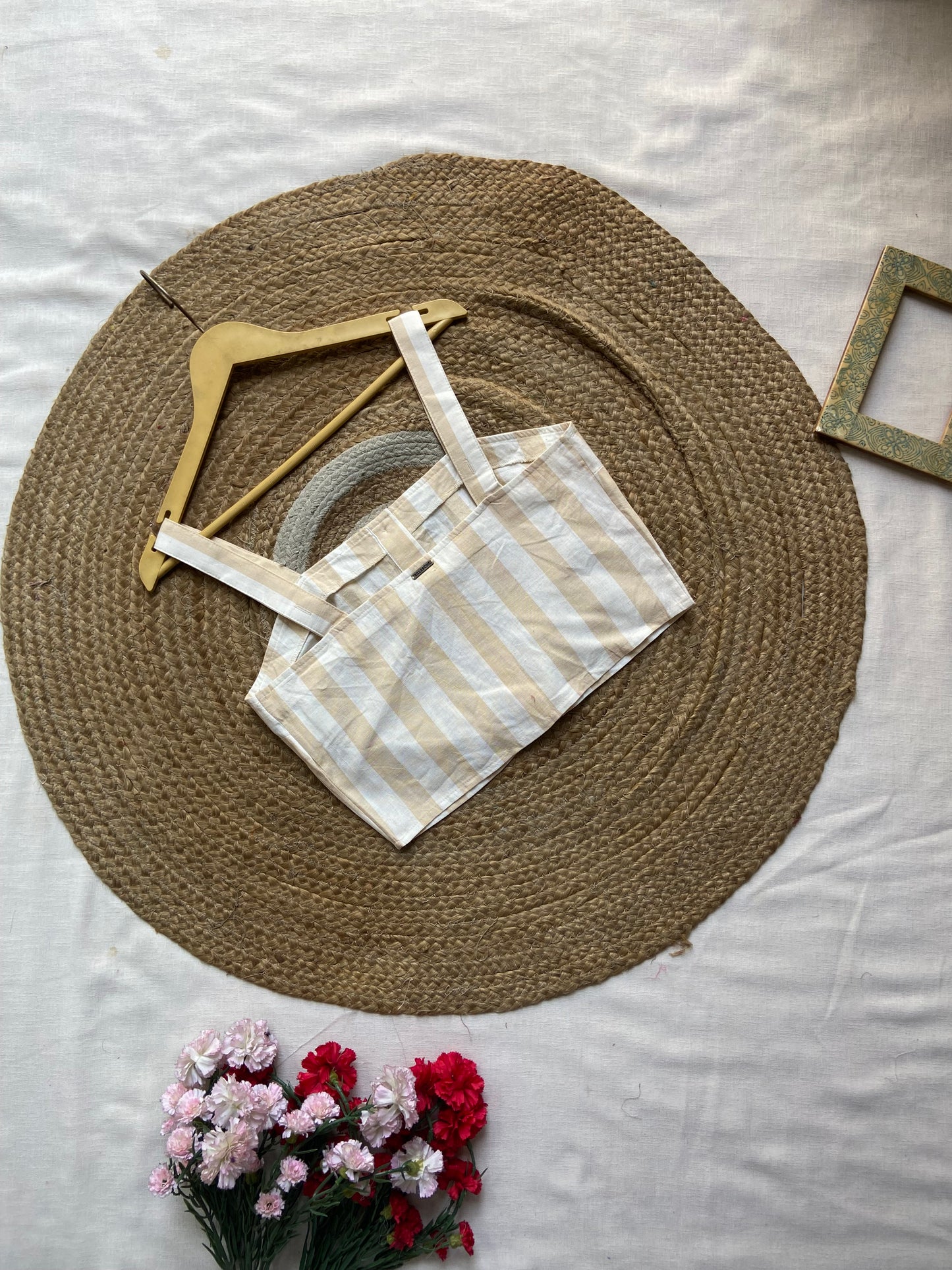 Women's Beige & White Striped Cotton Crop Top – Sleeveless Button-Down Style