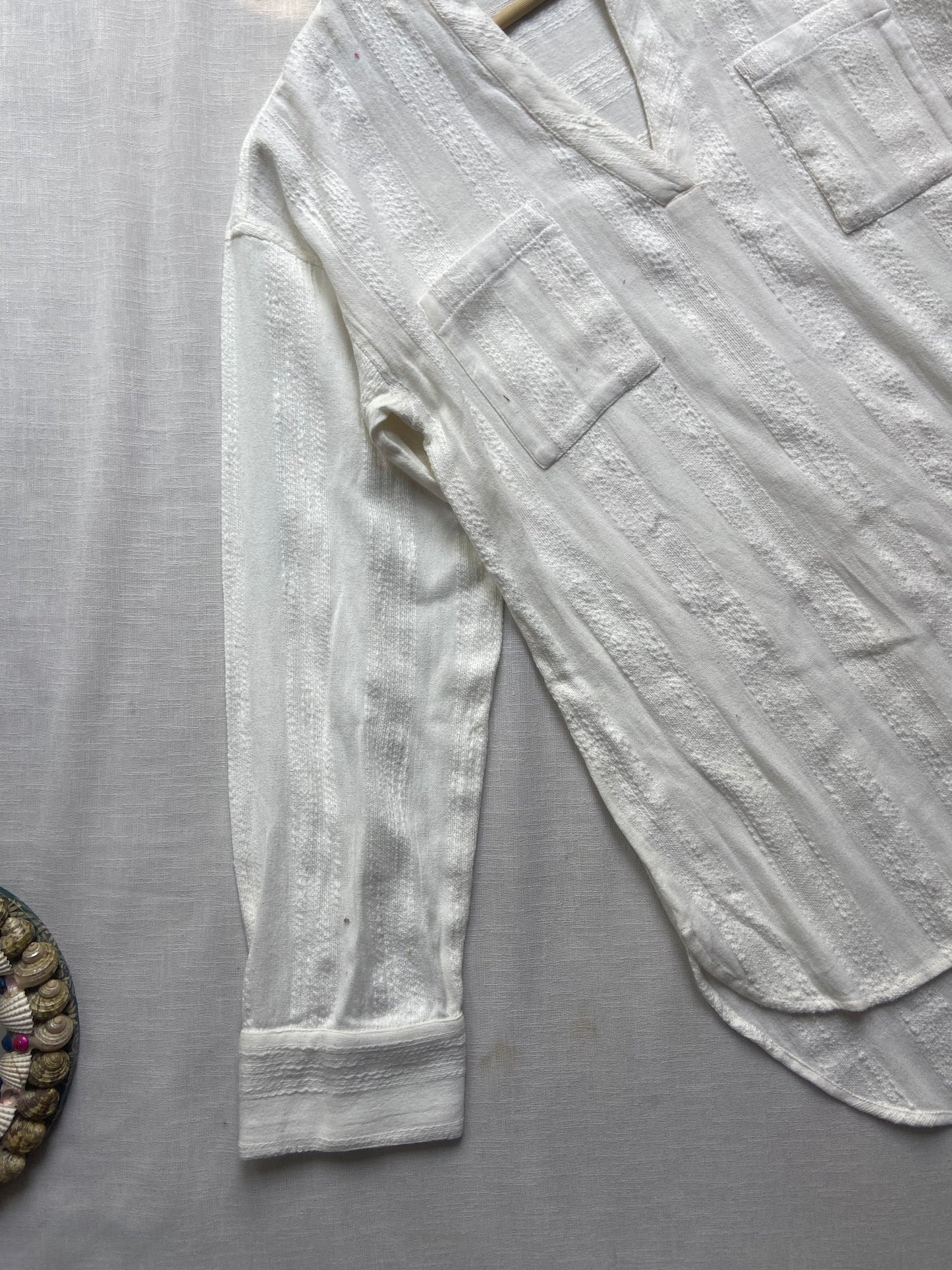 White Cotton Long Sleeve Textured Shirt for Women