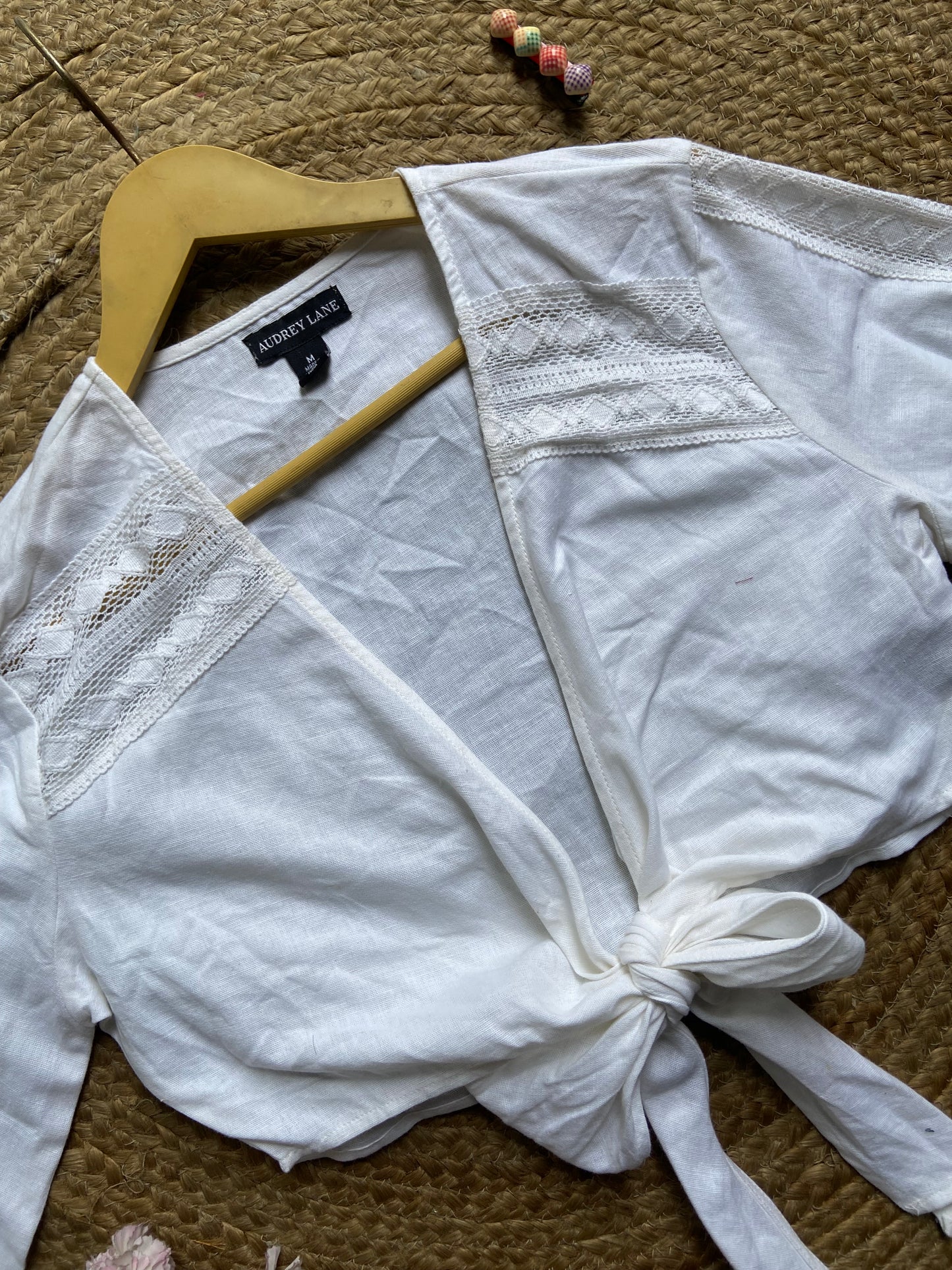 Women's White Tie-Front Crop Top with Flared Sleeves