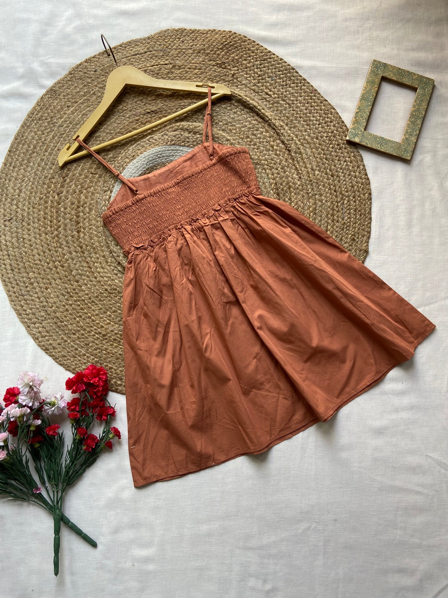 Women's Rust Orange Spaghetti Strap Cotton Dress – Sleeveless A-Line Summer Dress