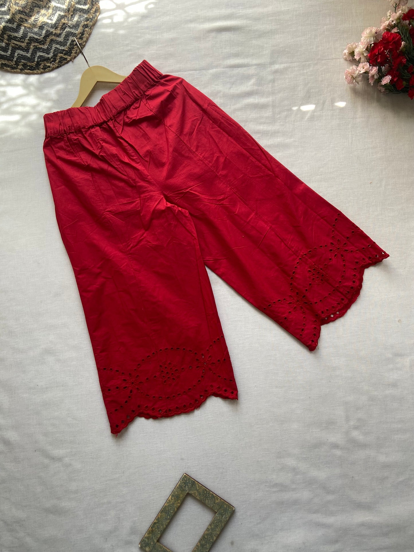Women's Red Cotton Culottes with Embroidered Hem Detailing