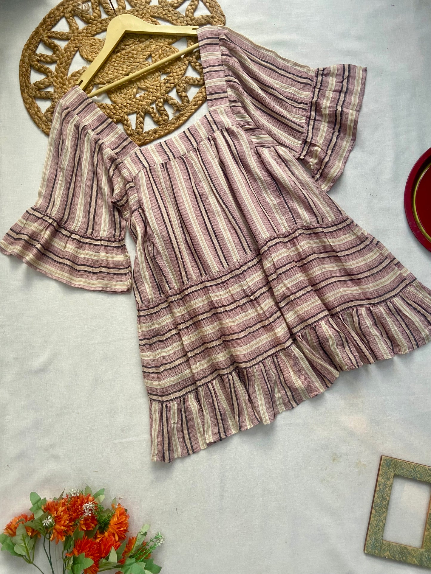 Women’s Striped Flared Sleeve Tunic Top with Ruffle Hem