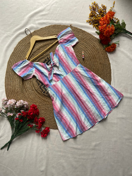 Women's Striped Puff Sleeve Mini Dress with Front Tie – Summer Casual Wear