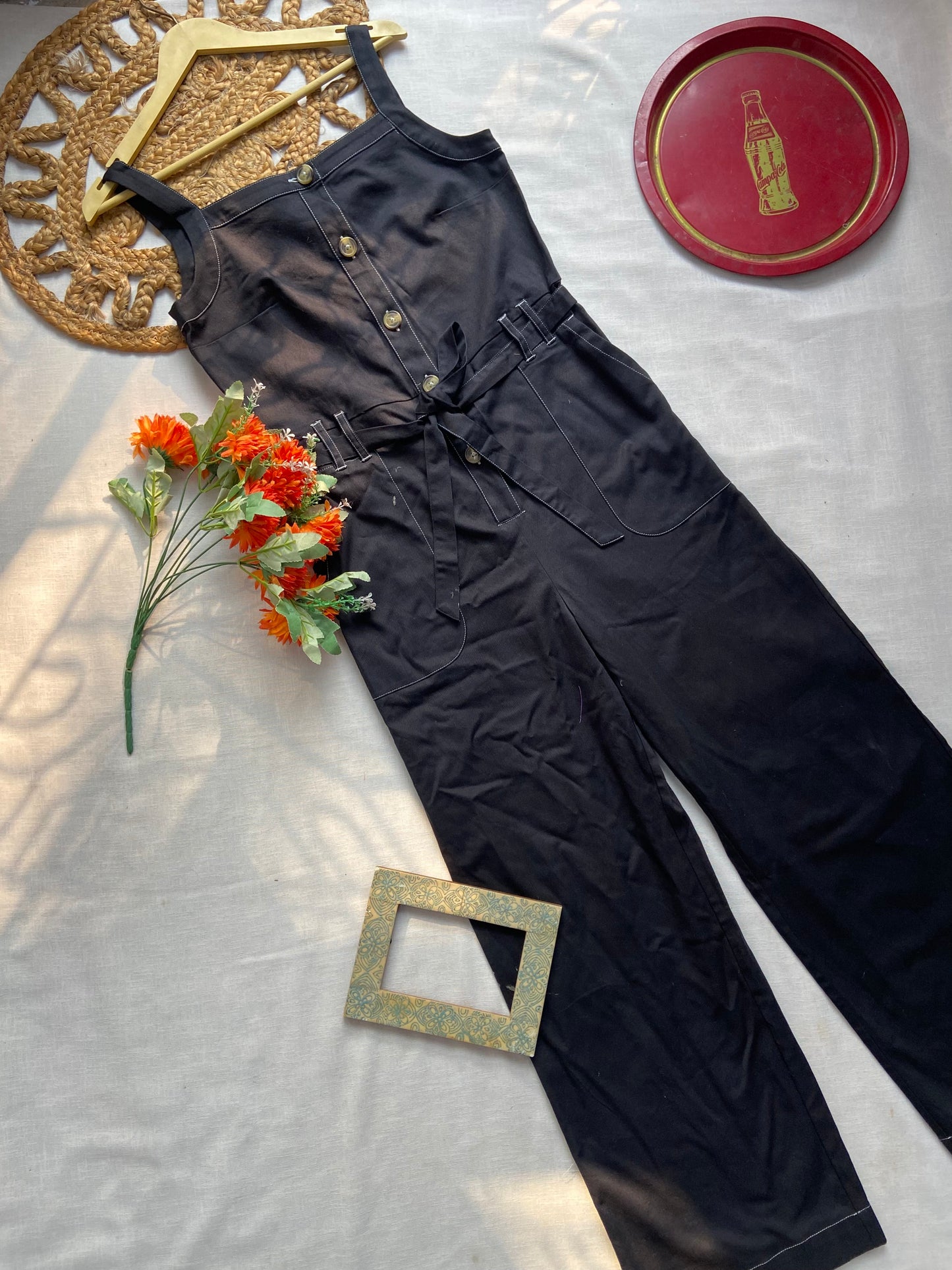 Women’s Black Sleeveless Jumpsuit with Belt & Button Front