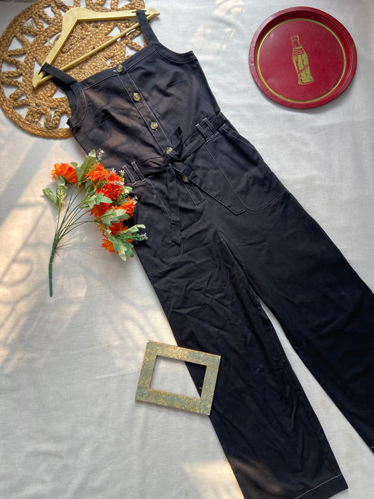 Women’s Black Sleeveless Jumpsuit with Belt & Button Front