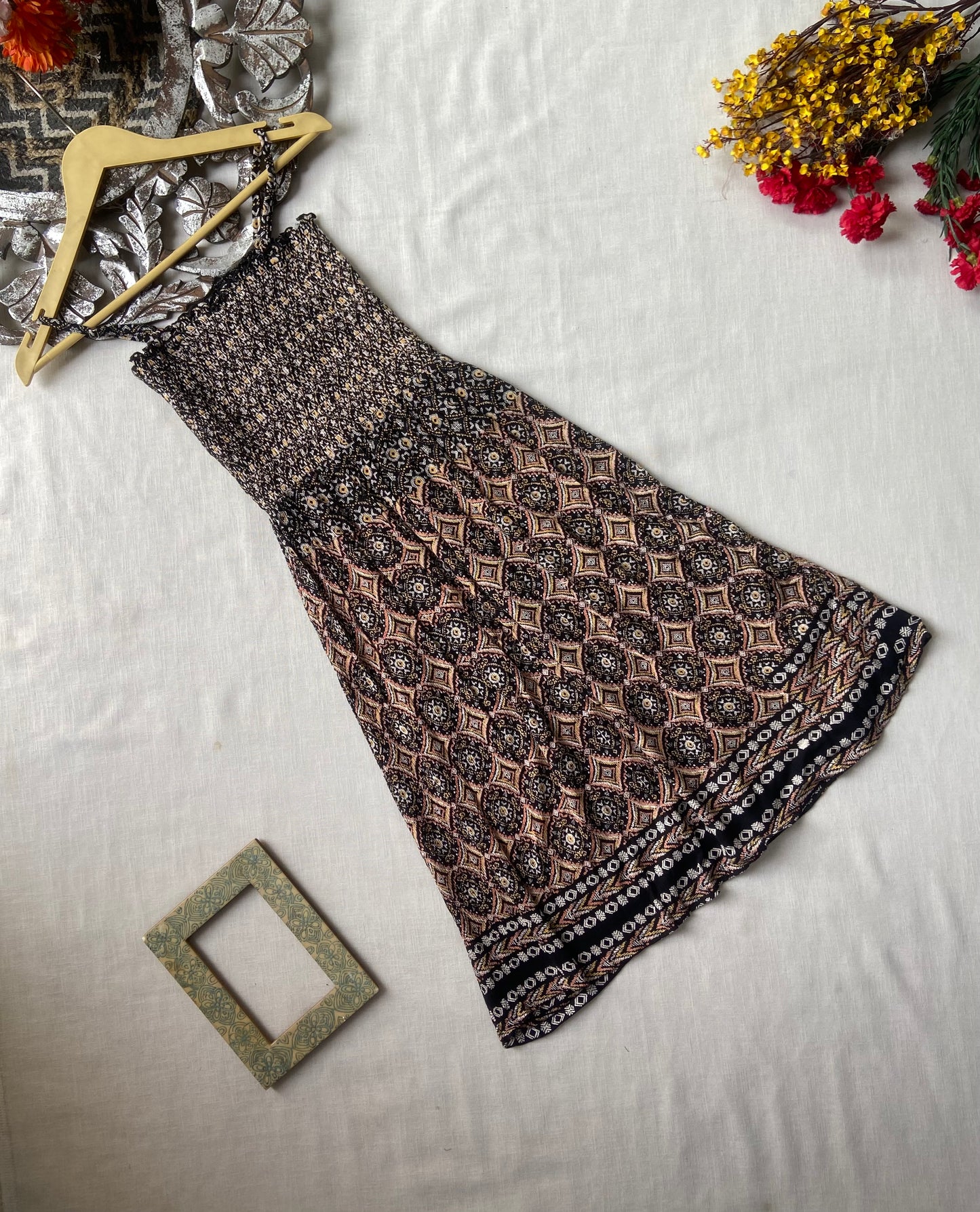 Strap pattern boho midi dress