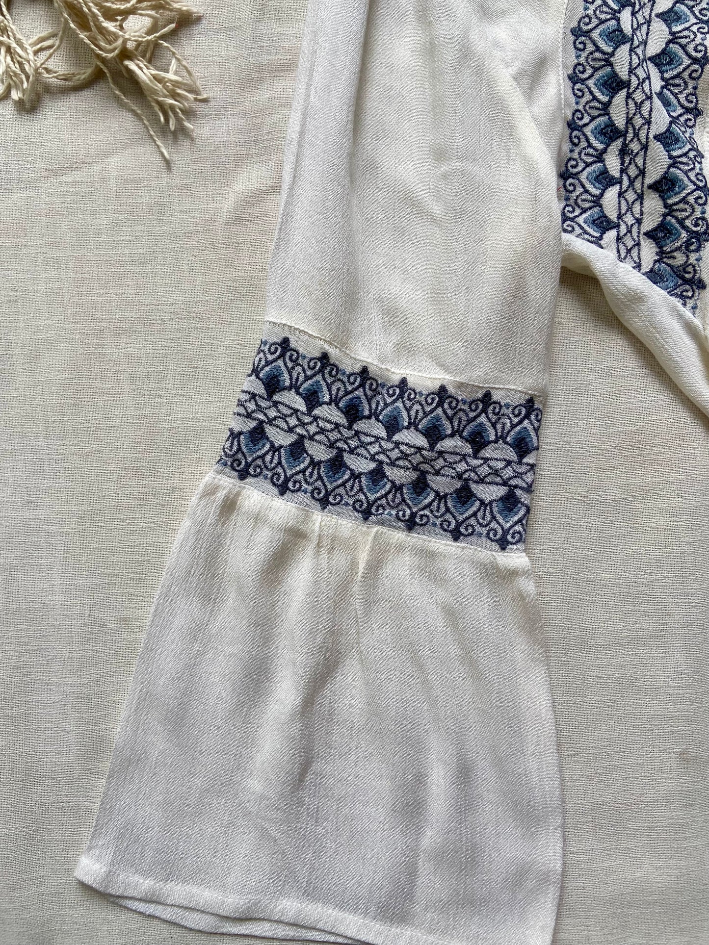 Boho White Flared Sleeve Top with Blue Embroidery
