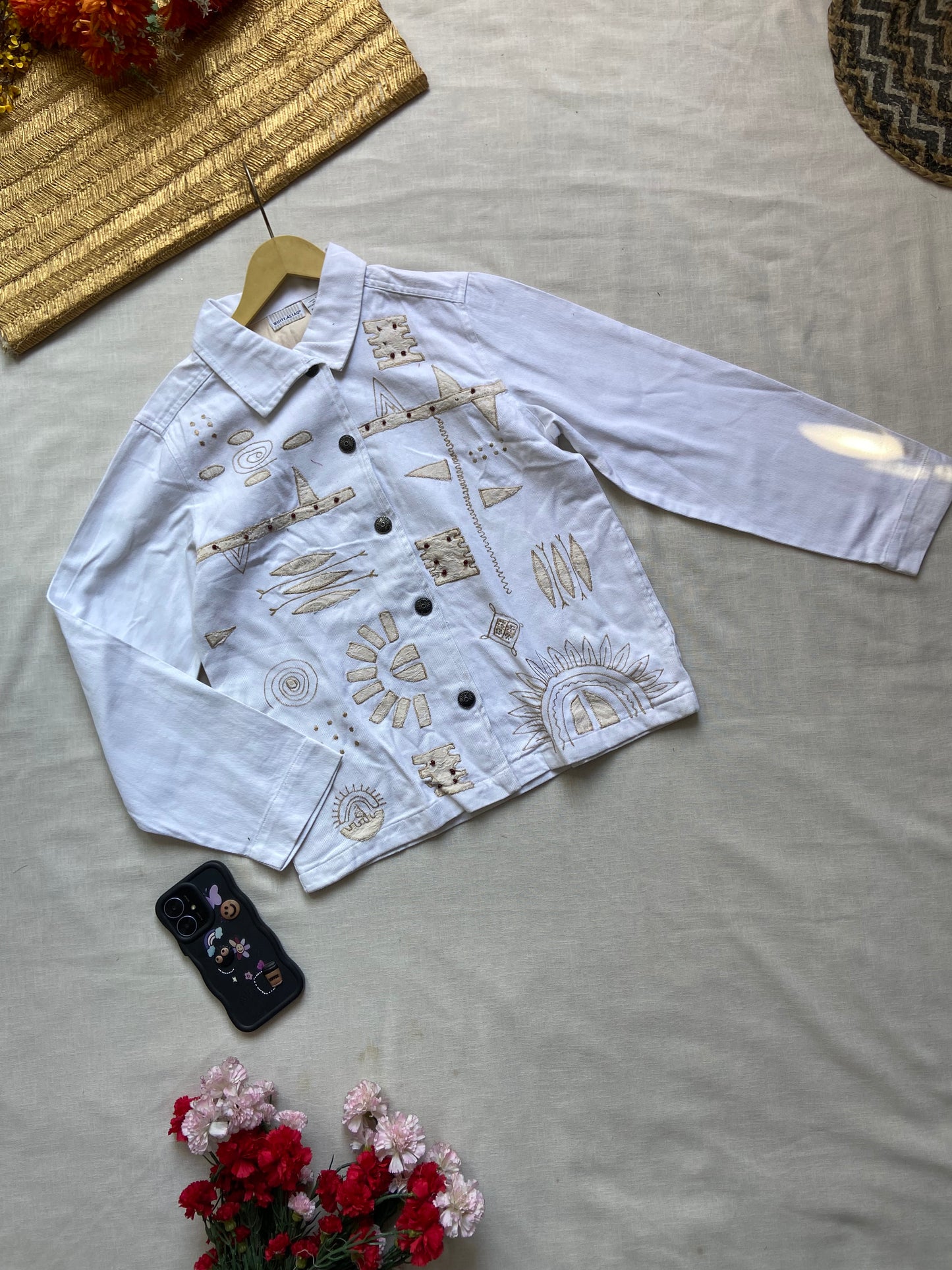 Women's White Denim Jacket with Boho Embroidered Designs