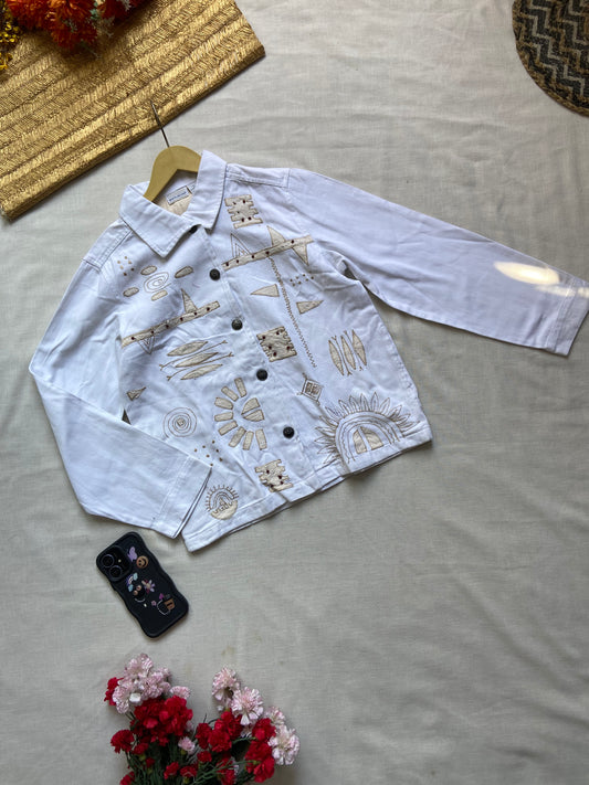 Women's White Denim Jacket with Boho Embroidered Designs