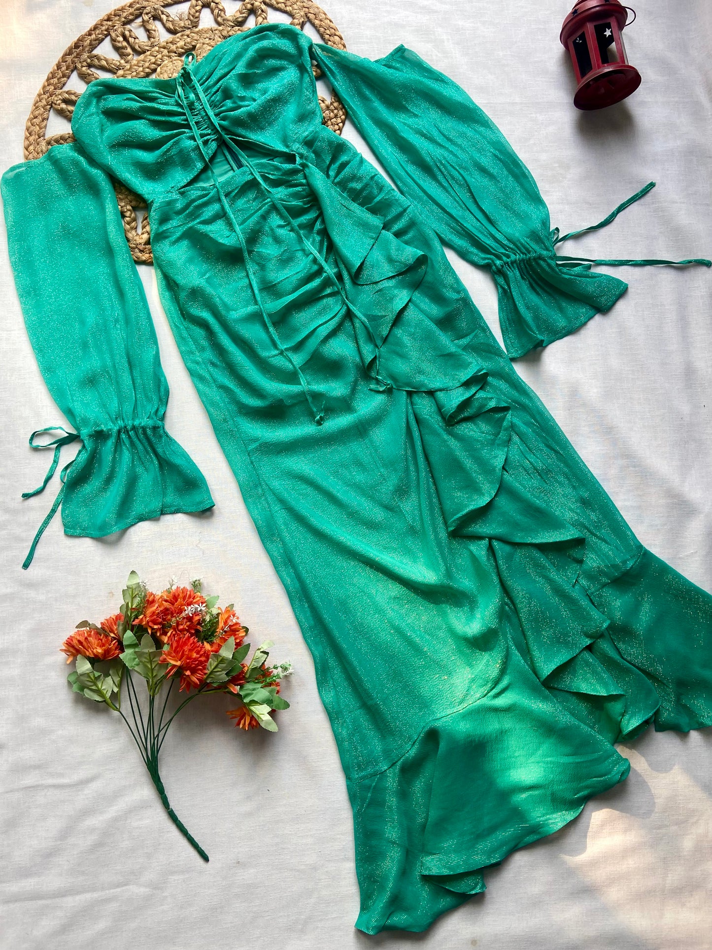 Women’s Green Satin Bodycon Maxi Dress with Ruffle Detail