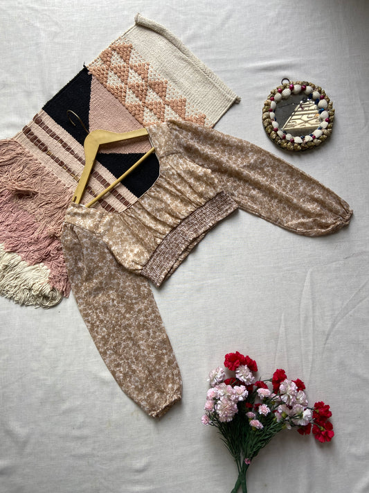 Beige Floral Print Crop Top with Puff Sleeves & Smocked Waist – Boho Chic Style