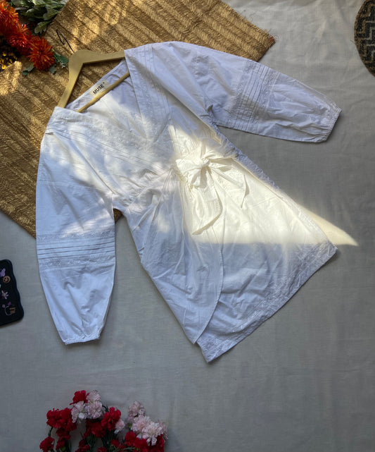 White Cotton Wrap Dress with Long Sleeves