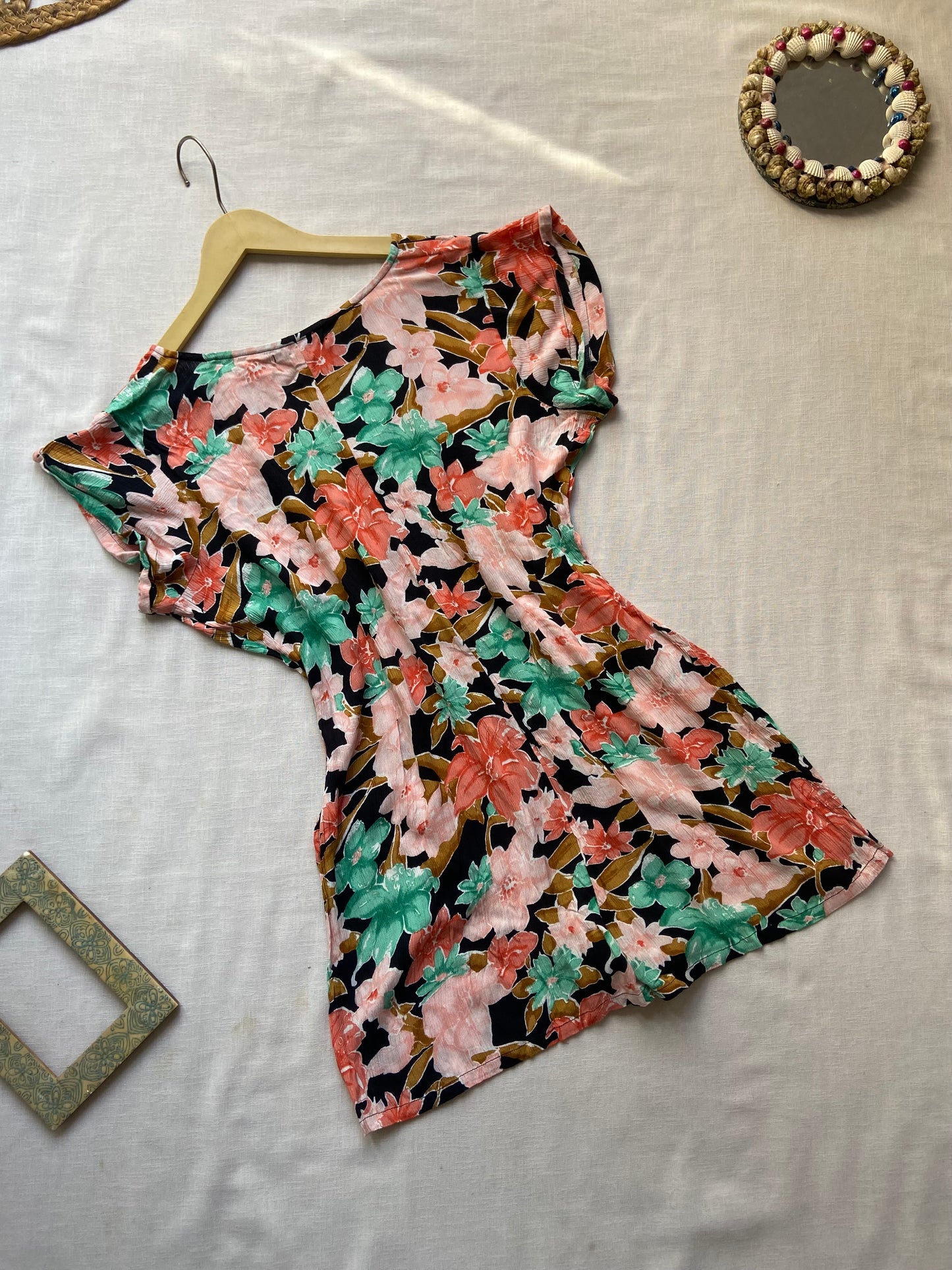 Tropical Floral Print Button-Front Short Romper