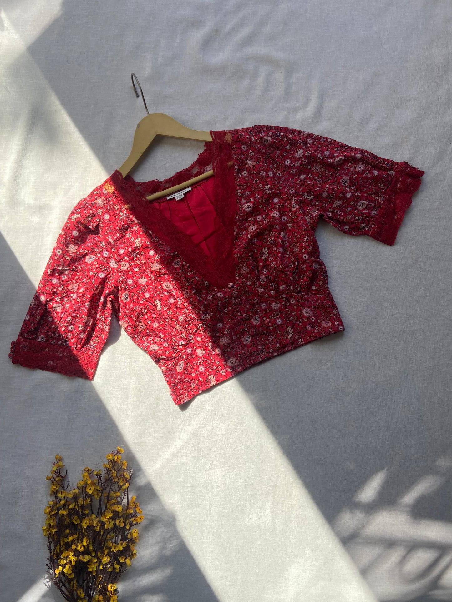 Red Floral Lace Trim V-Neck Top