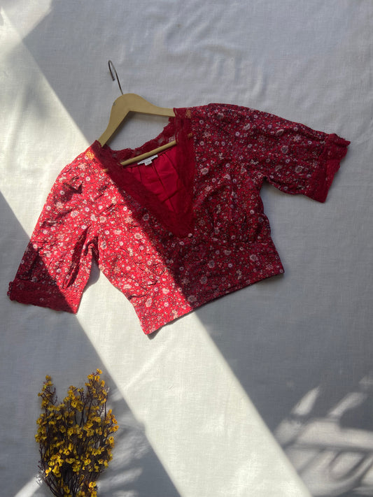 Red Floral Lace Trim V-Neck Top