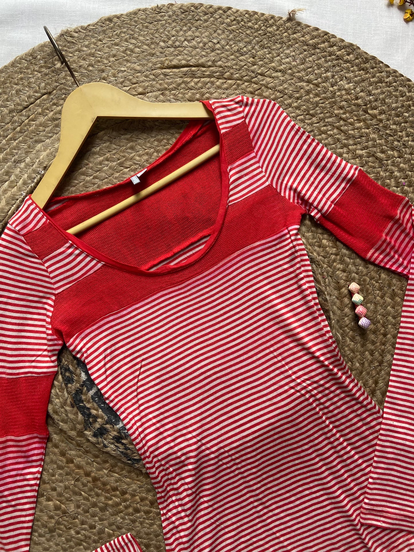 Women's Red and White Striped Long Sleeve Top