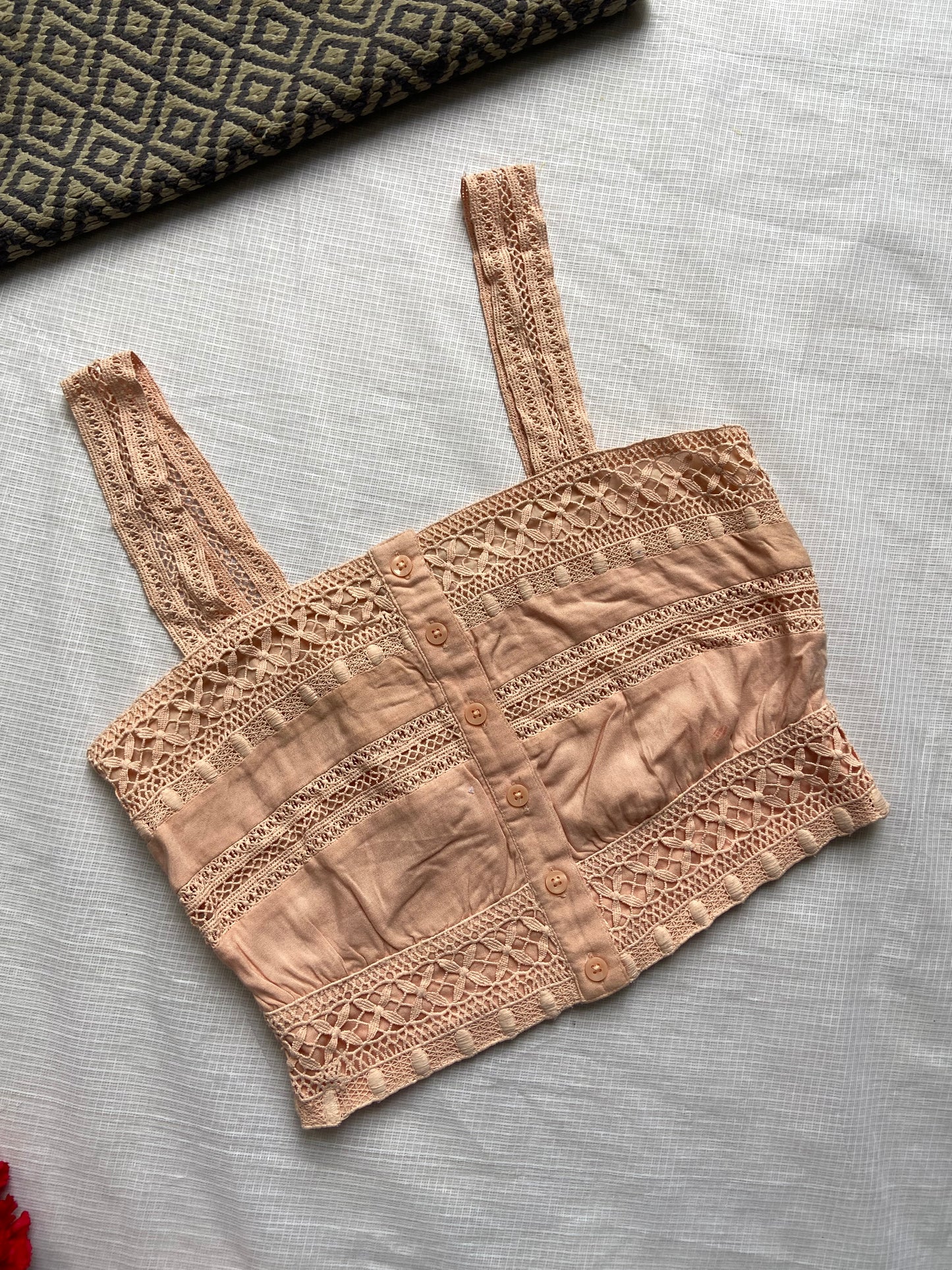 Peach Lace Crop Top with Button Front Detailing