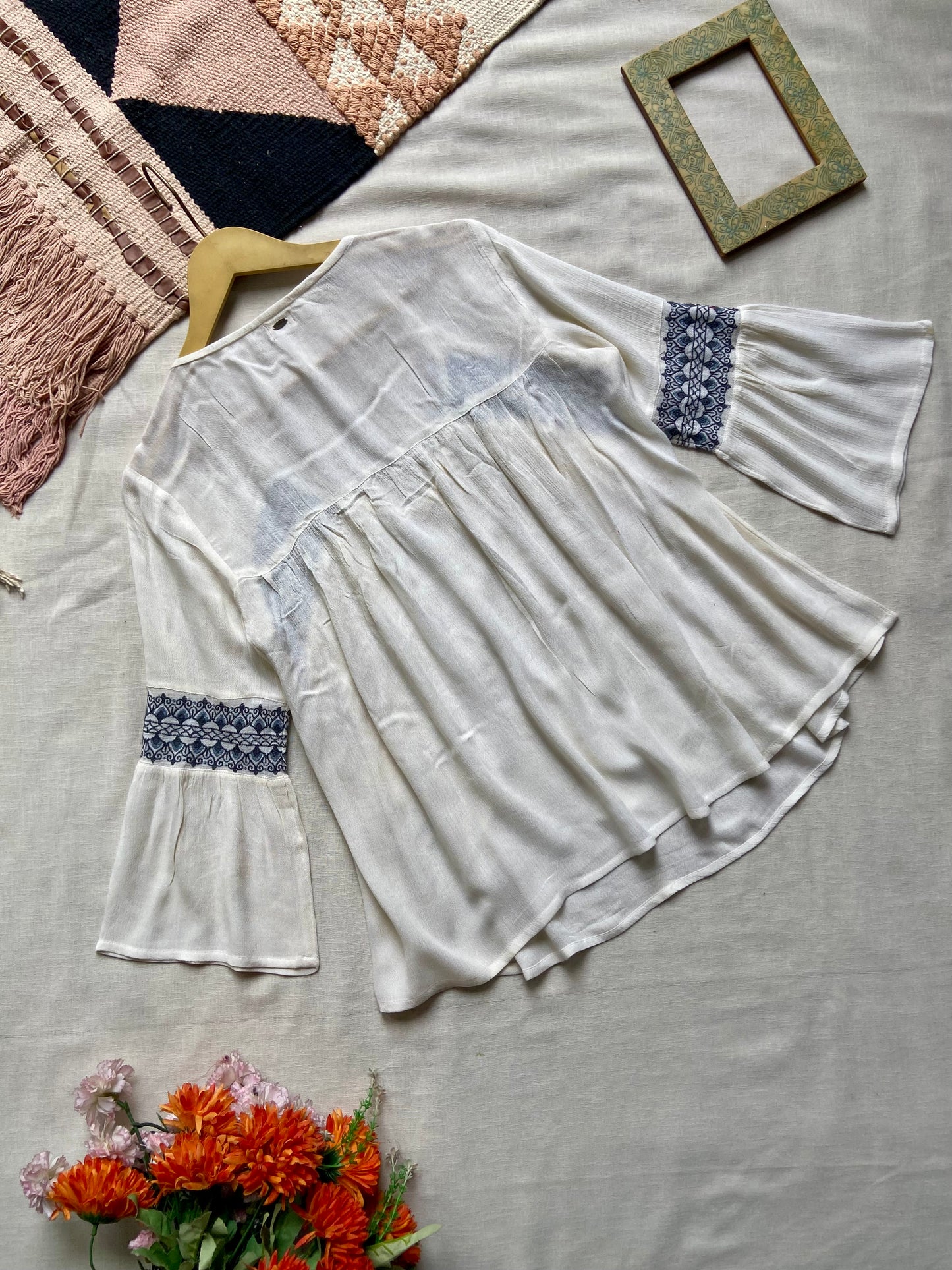 Boho White Flared Sleeve Top with Blue Embroidery