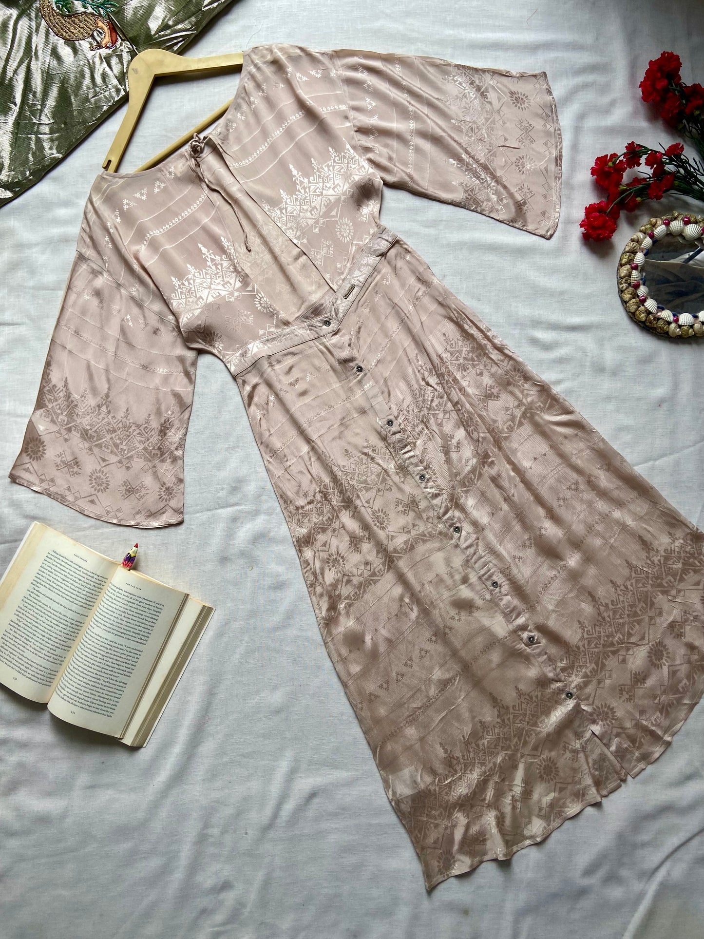 Elegant Beige Embroidered Satin Midi Dress with Flared Sleeves