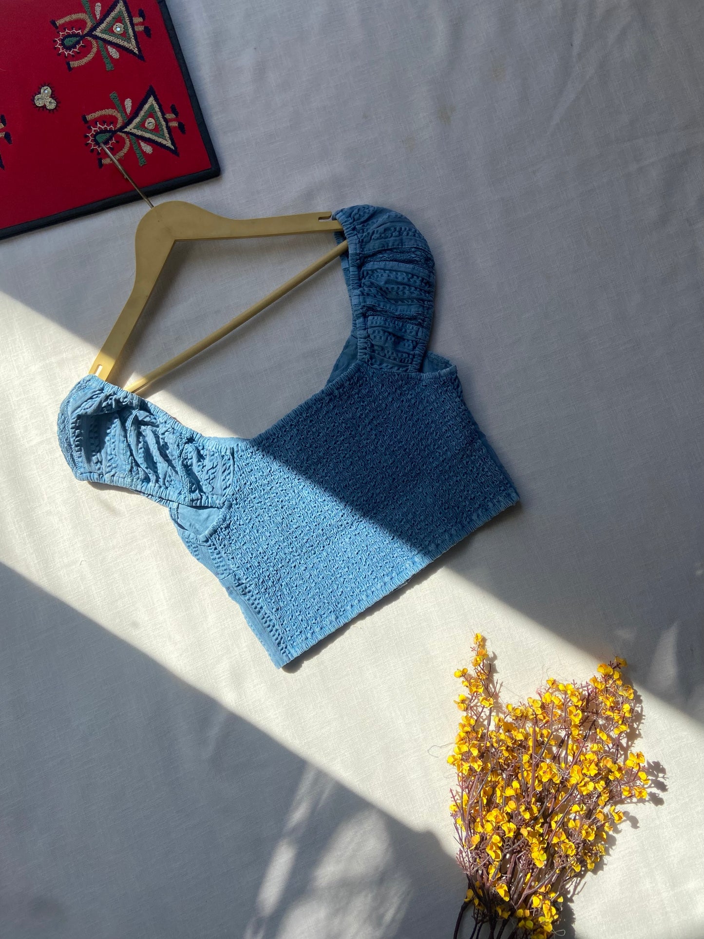 Blue Puff Sleeve Eyelet Button-Up Crop Top