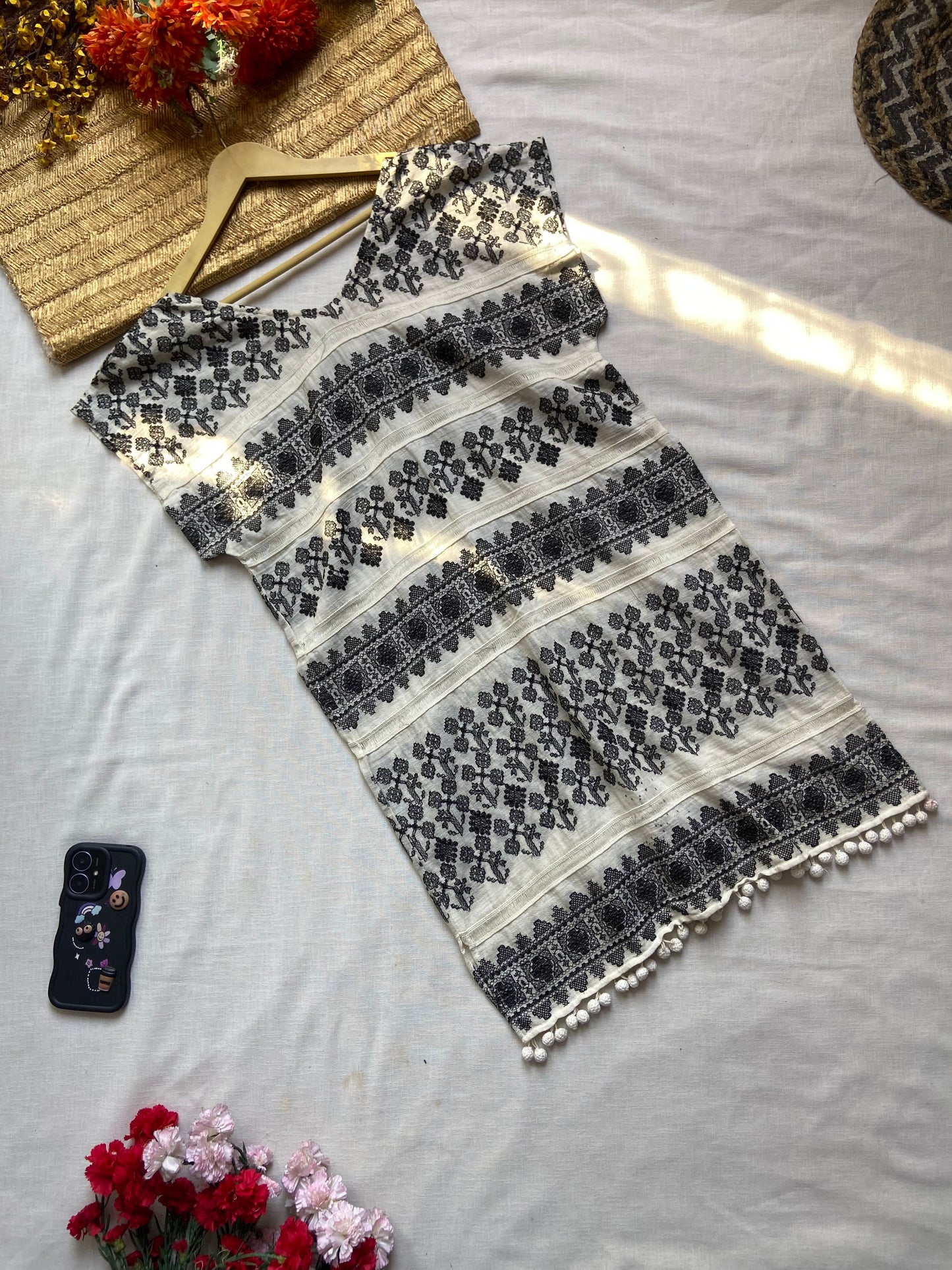 Women's White Striped A-Line Midi Skirt with Bow Belt