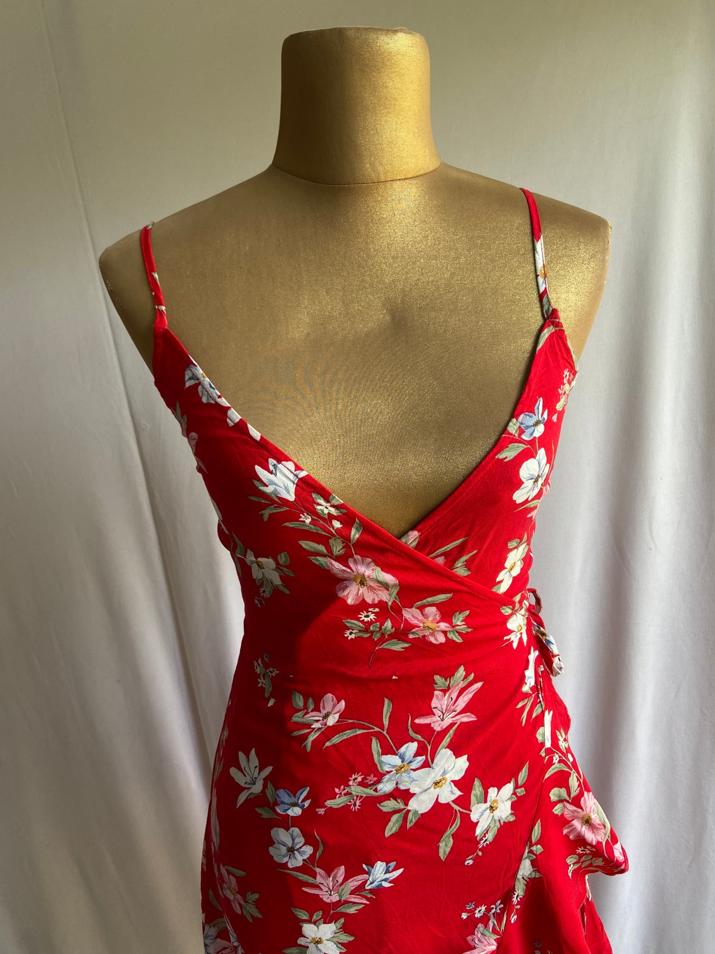 Red Floral Wrap Mini Dress with Ruffle Hem