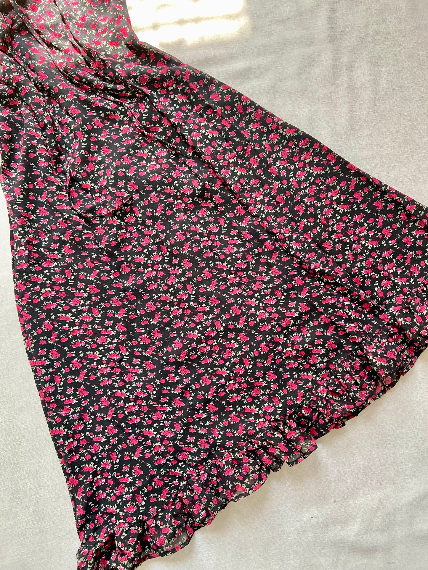 Black Floral Puff Sleeve Midi Dress