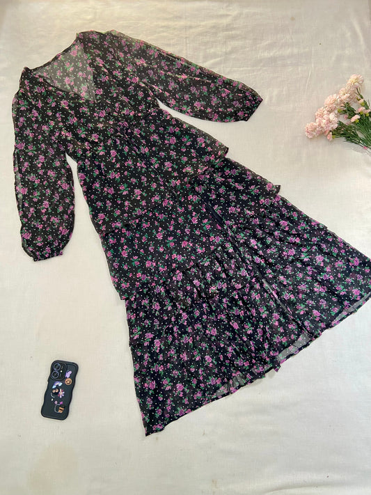 Black Floral Chiffon Midi Dress with Long Sleeves