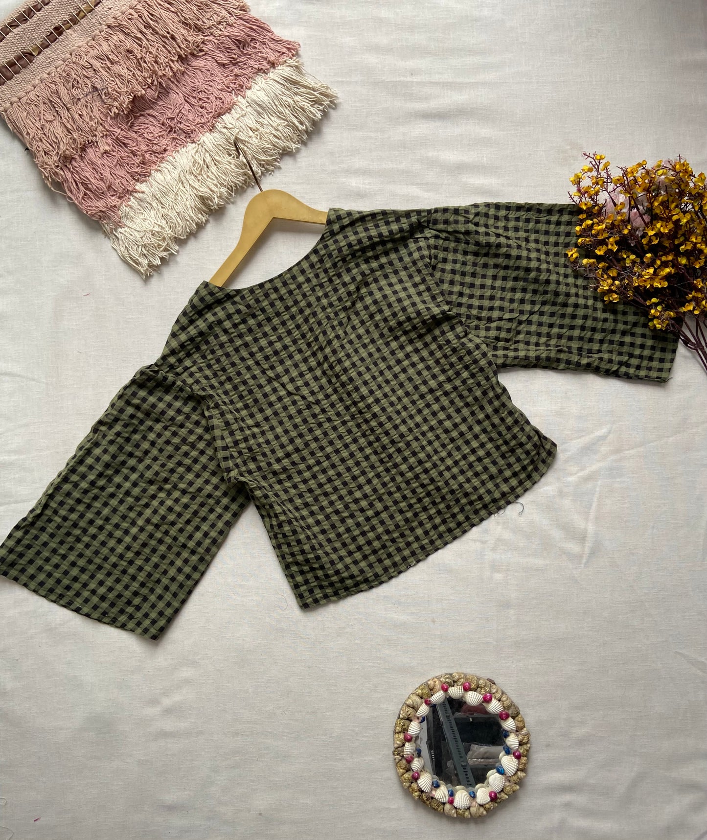 Olive Green Gingham Check Top with Flared Sleeves