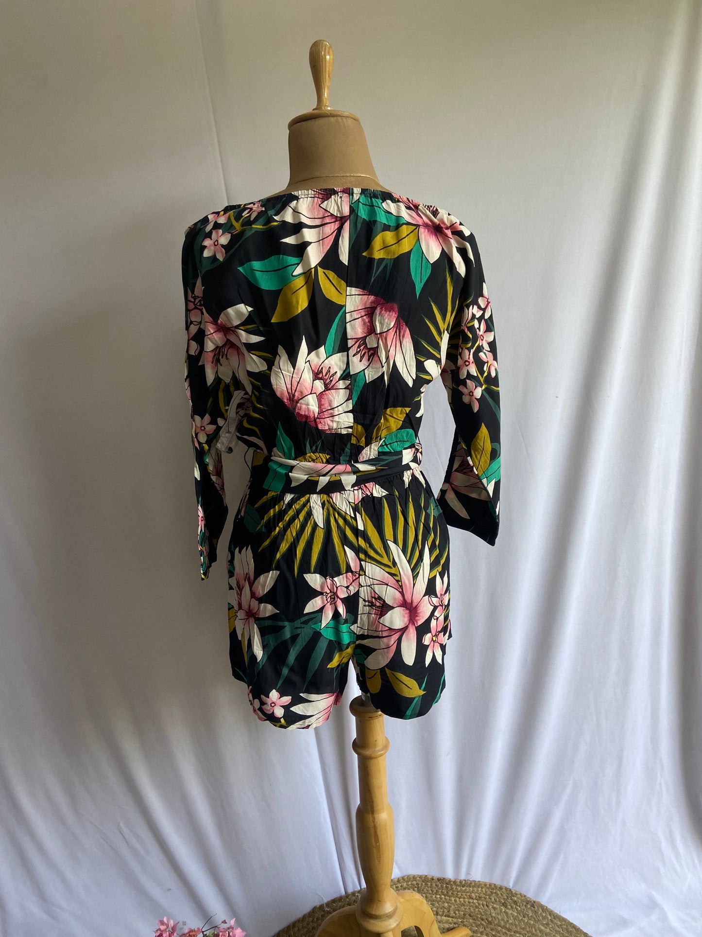 Tropical Floral Print Wrap Dress with Waist Tie and 3/4 Sleeves
