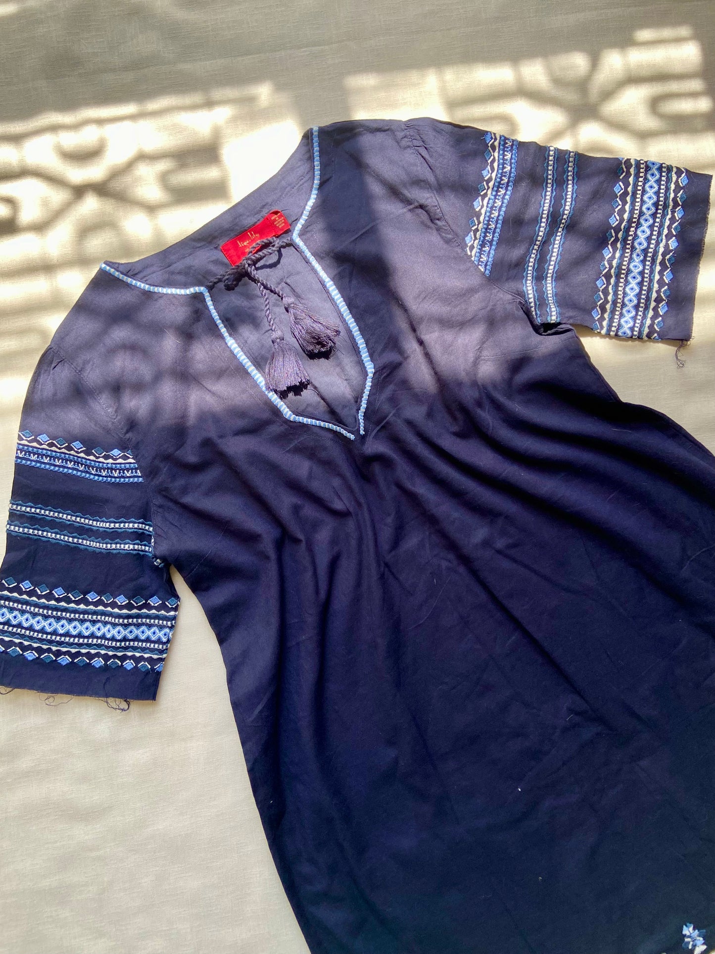 Navy Blue Embroidered Boho Tunic Dress