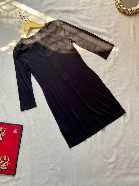 Black Ribbed Button-Front Dress