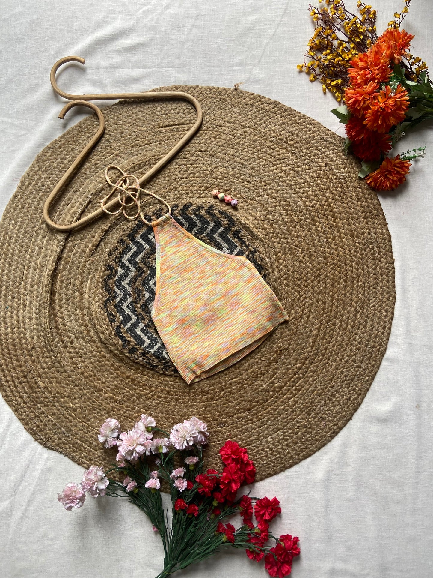 Women's Multicolor Halter Neck Ribbed Crop Top