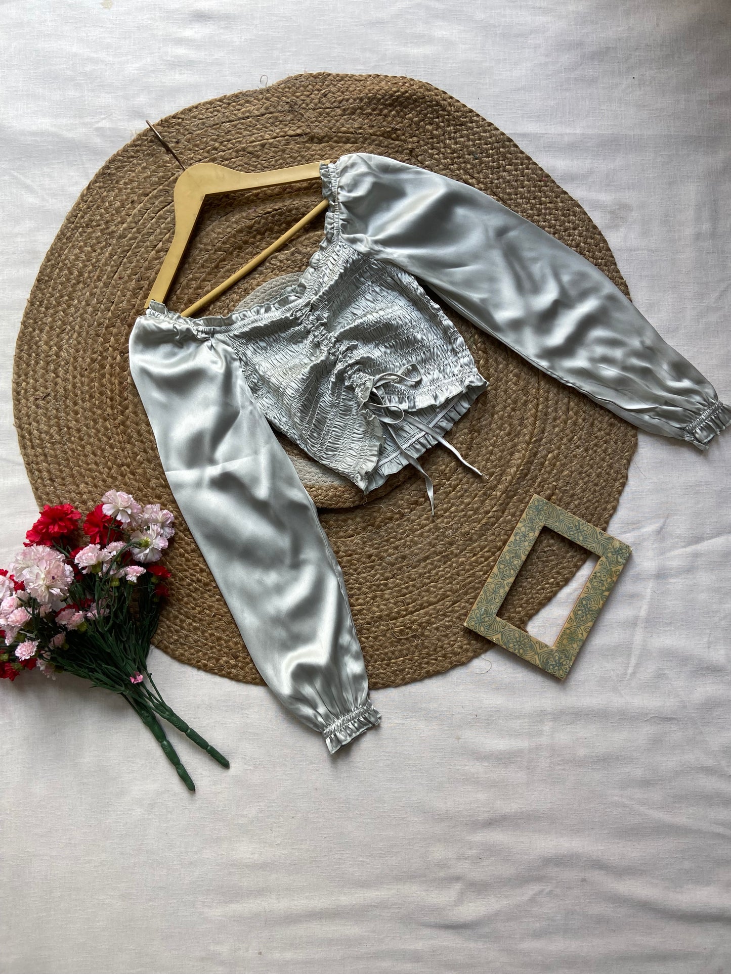 Satin Puff Sleeve Smocked Crop Top