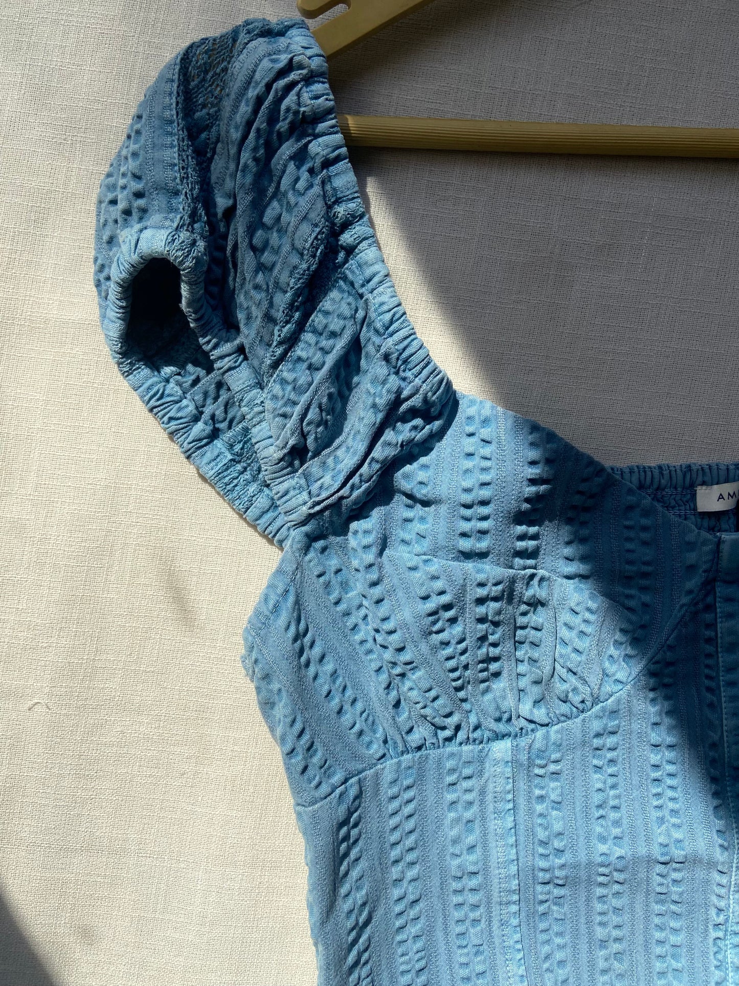 Blue Puff Sleeve Eyelet Button-Up Crop Top