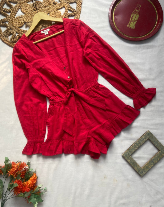Women’s Red Ruffle Hem Romper with Long Sleeves