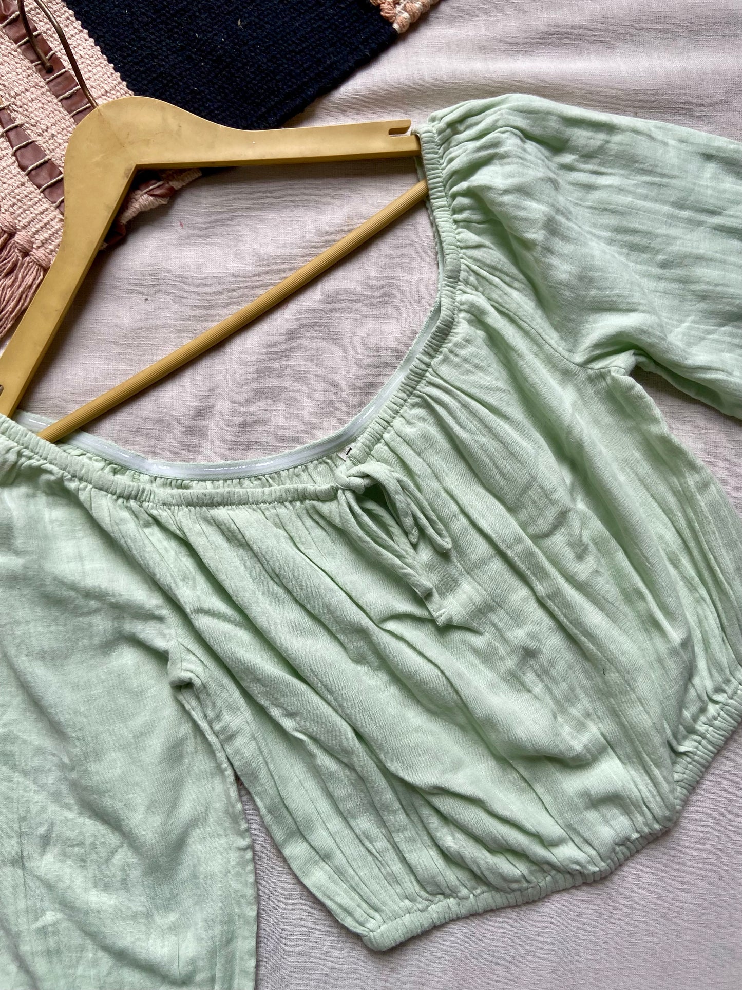 Mint Green Off-Shoulder Smocked Crop Top