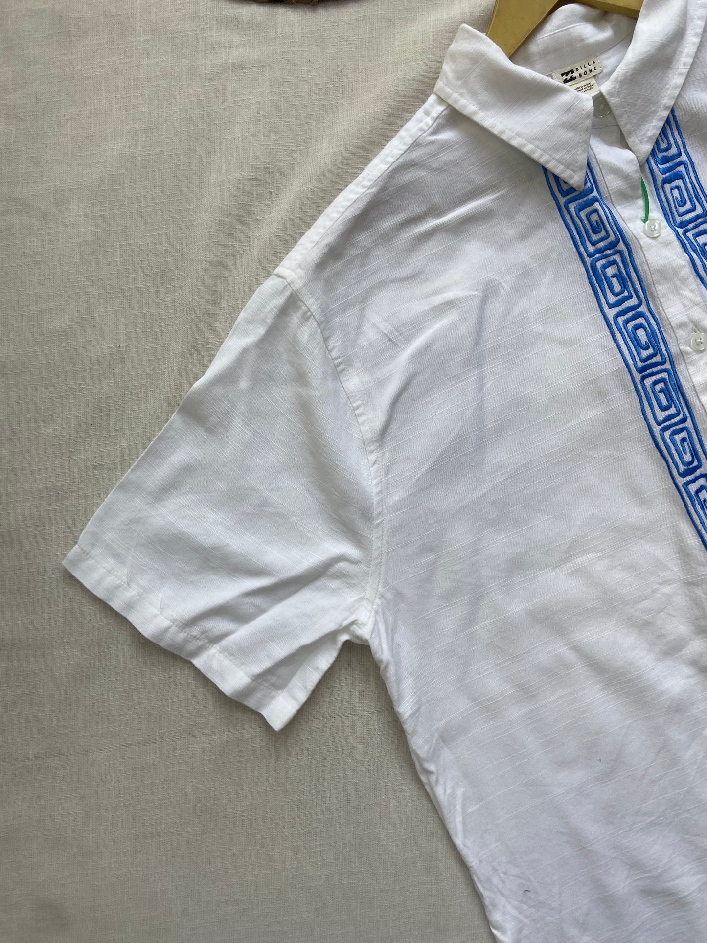 Men's White Cotton Shirt with Blue Geometric Embroidery
