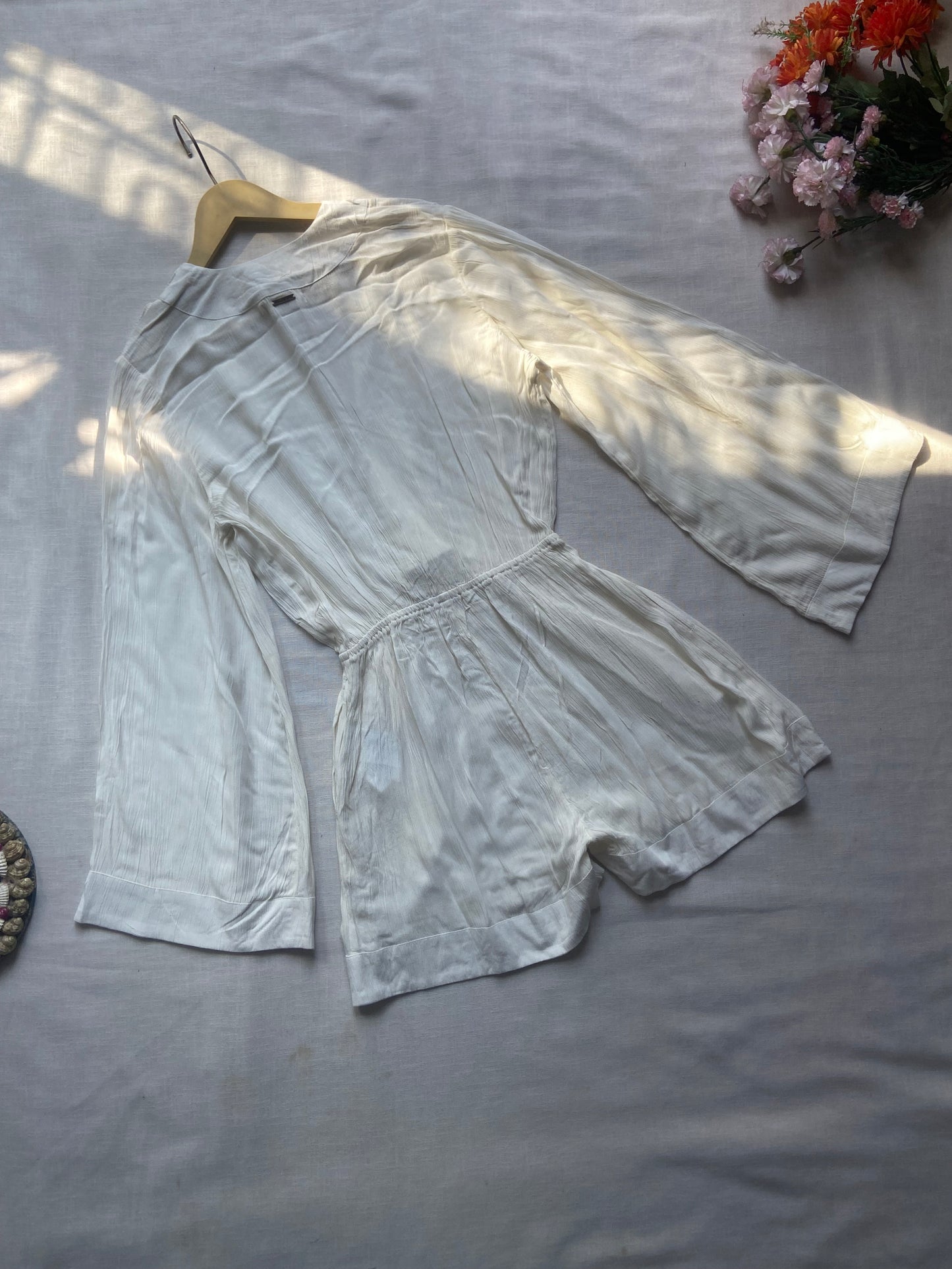 White Satin Flare Sleeve Wrap Romper