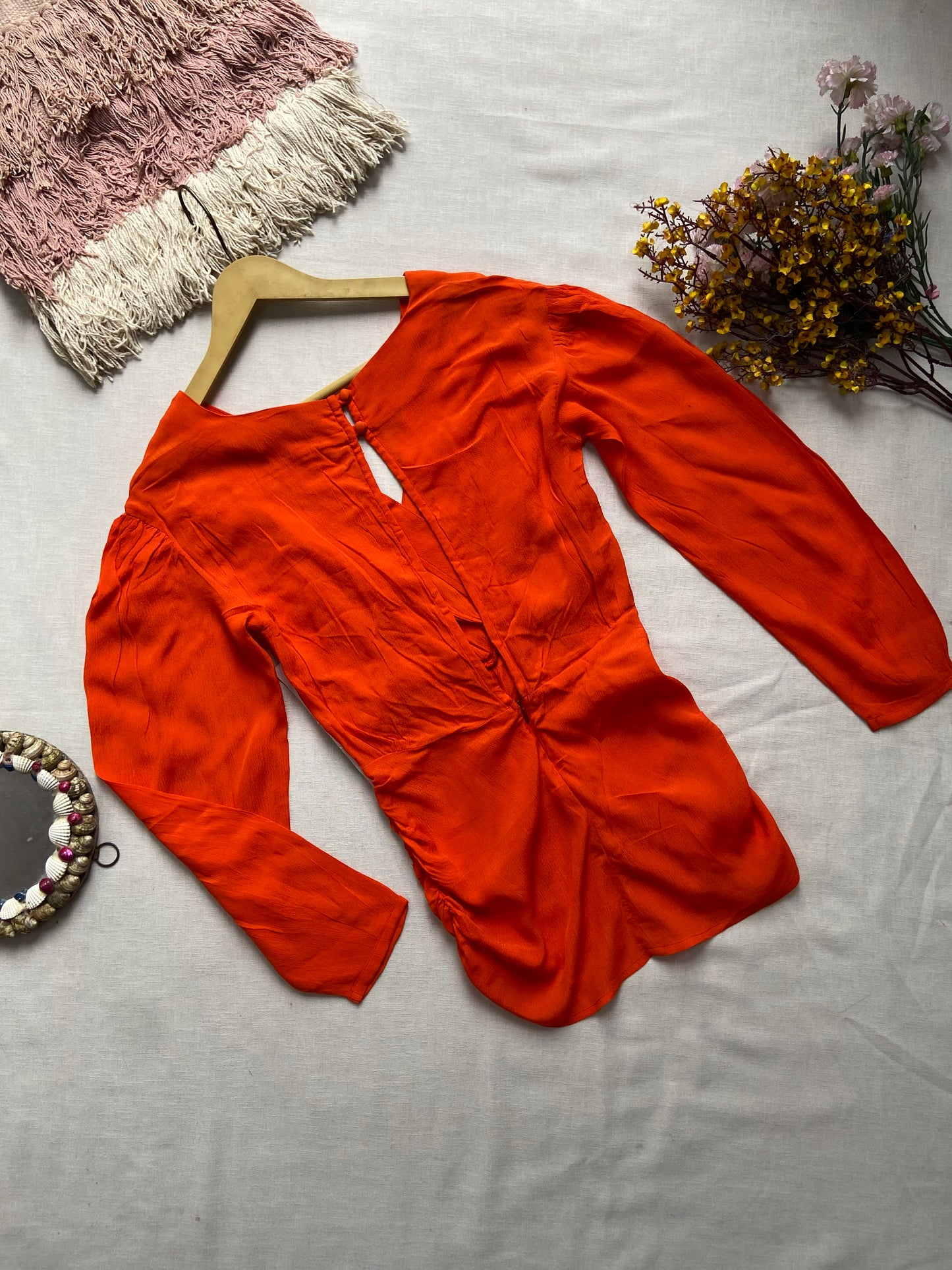 Bright Orange Draped Satin Blouse with Long Sleeves