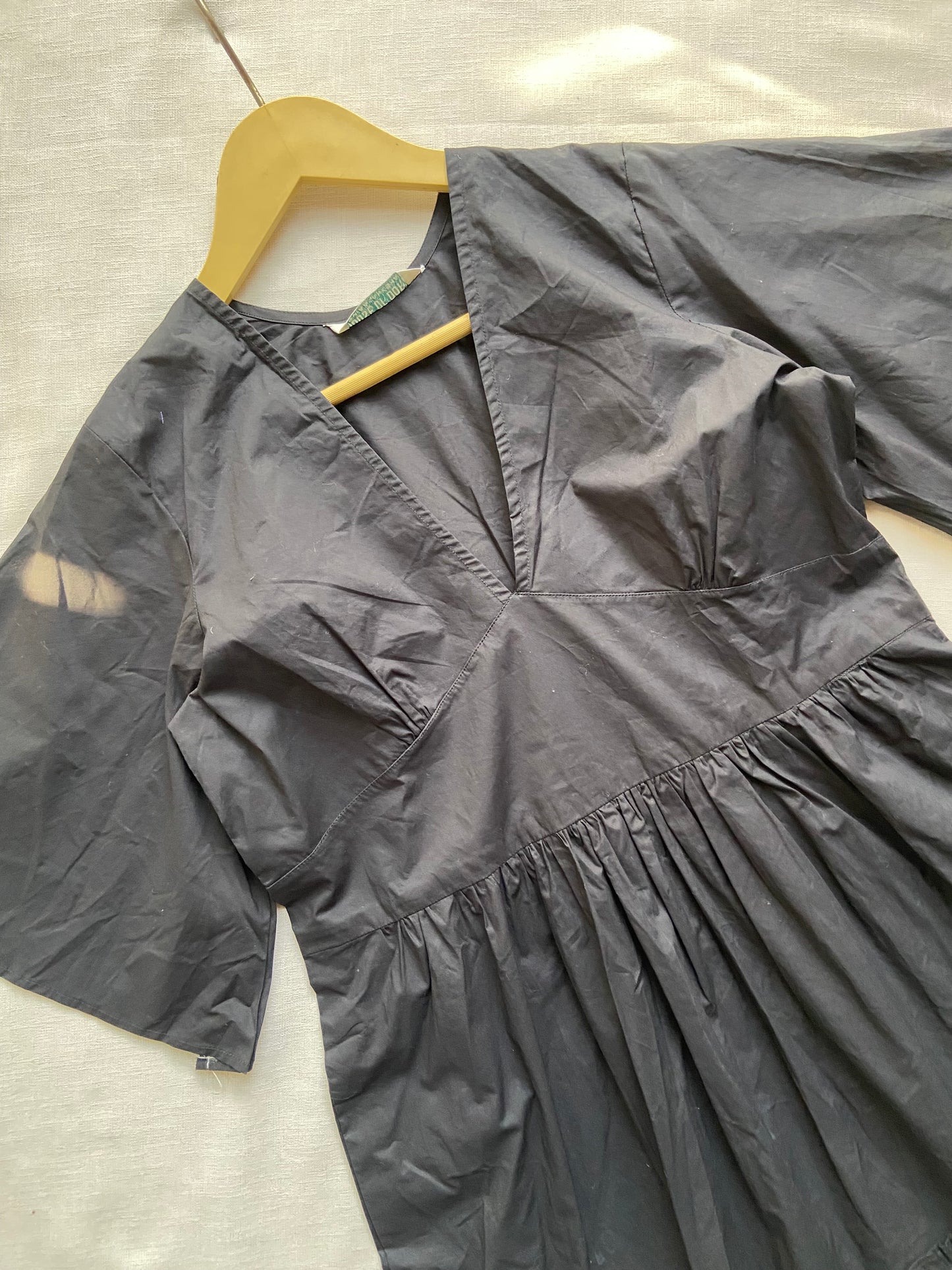 Black V-Neck Flared Midi Dress with Bell Sleeves