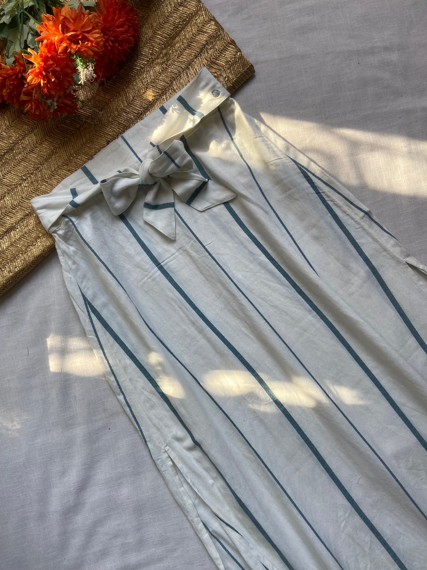 Women's White Striped A-Line Midi Skirt with Bow Belt